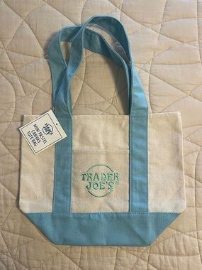 Trader Joe's  Mini Pastel Canvas Tote Bag New with Tags Blue with Green writing
